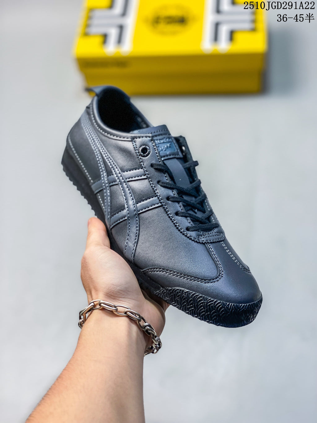Angled side view of the metallic gray sneaker with striped side detail and textured outsole; image overlay shows 2510JGD291A22 and sizes 36–45.5.