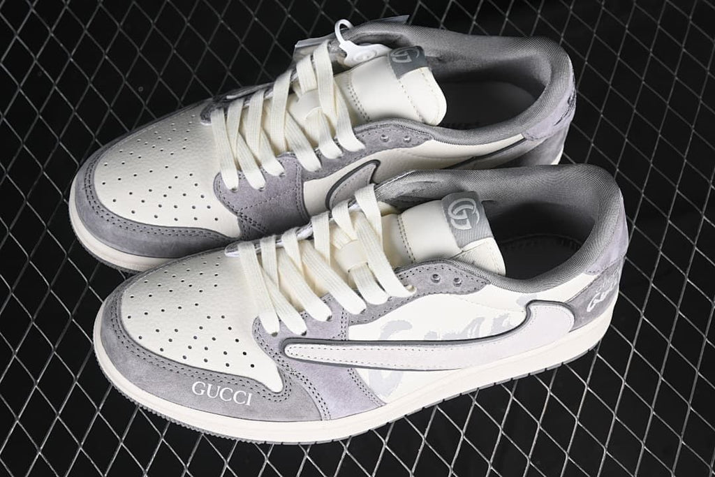 Pair of white and gray low-top sneakers shown from above
