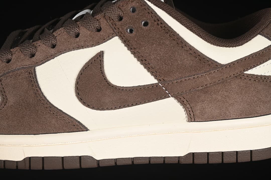 Close-up of the brown Swoosh, overlays and off-white side panel