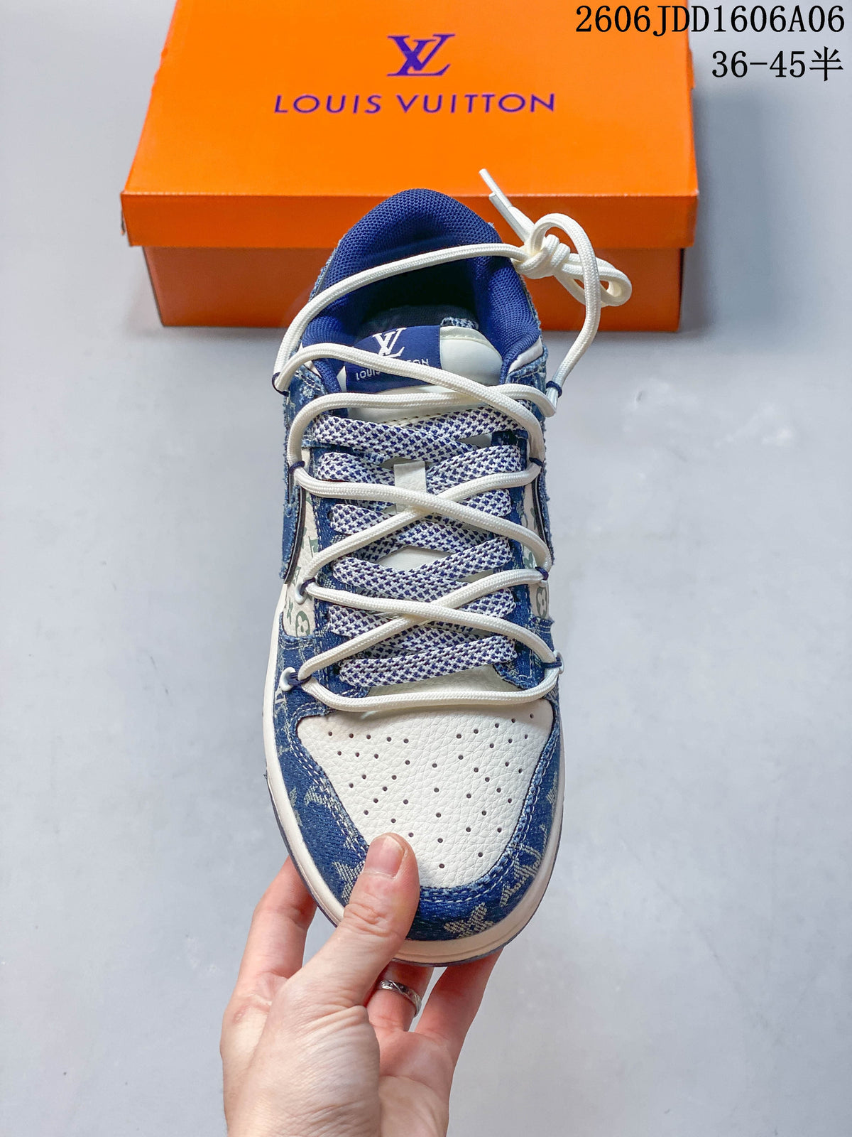Top view of the sneaker showing perforated cream toe, patterned panels, and layered laces