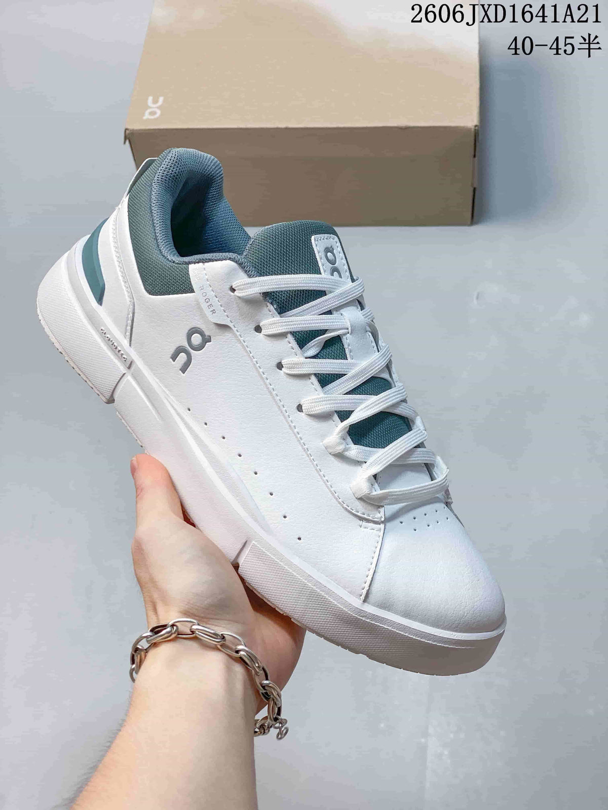 White On The Roger low-top sneaker with dark teal collar and heel accents