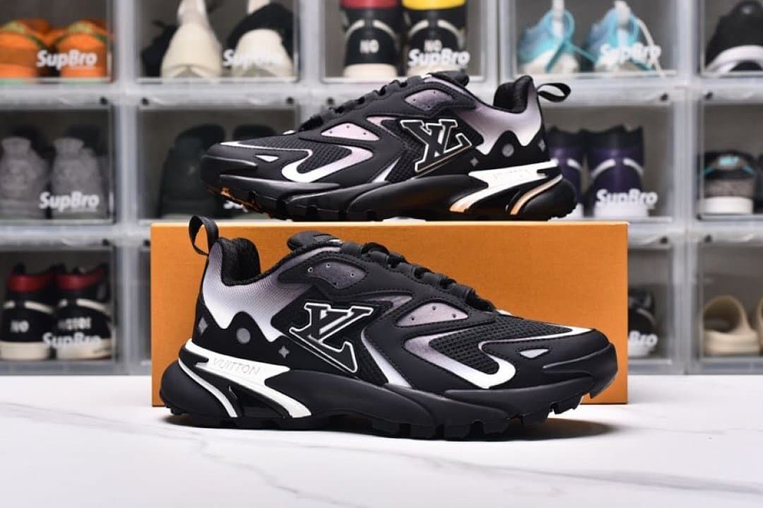 Two side profiles showing the black and white sneaker design