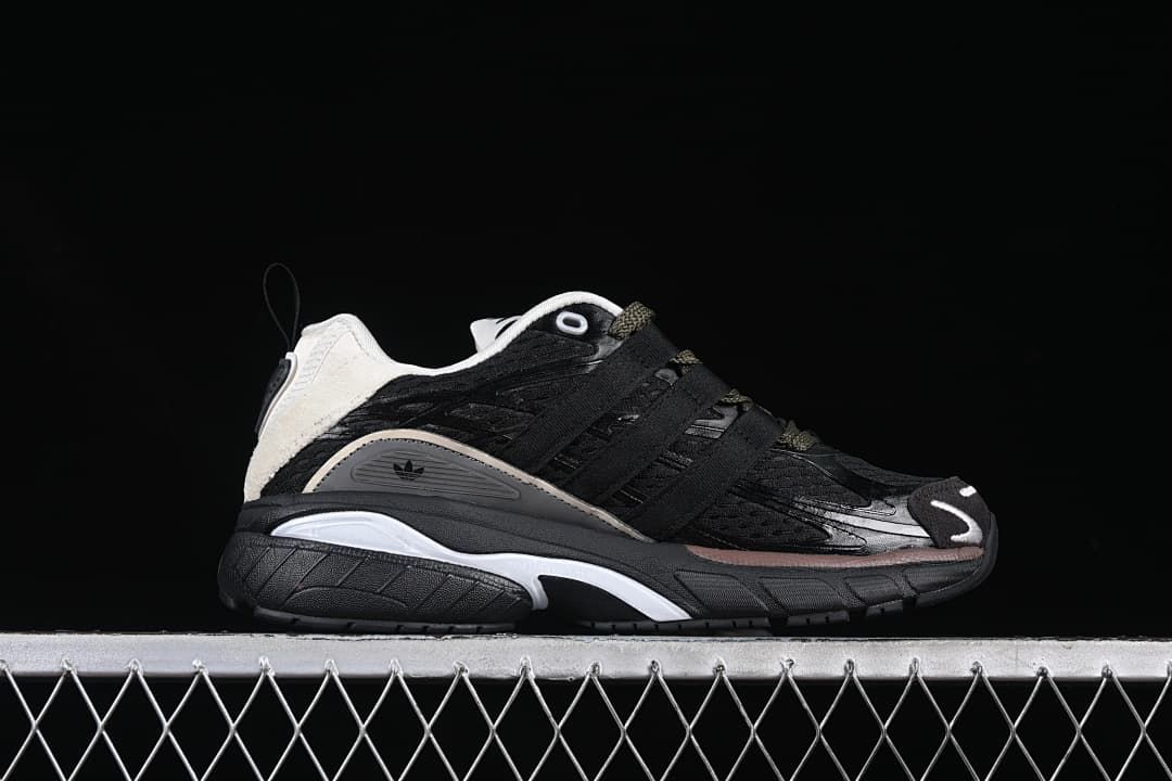 Side profile of the sneaker with layered panels and a thick sculpted sole.