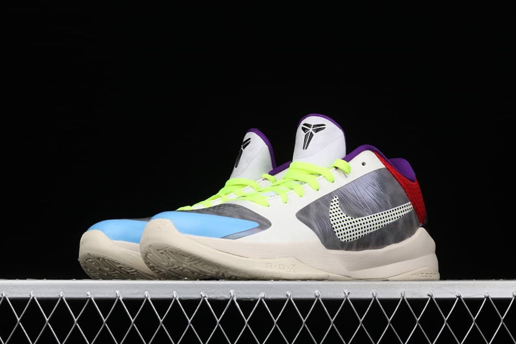 Low side angle of the pair of multicolor basketball shoes
