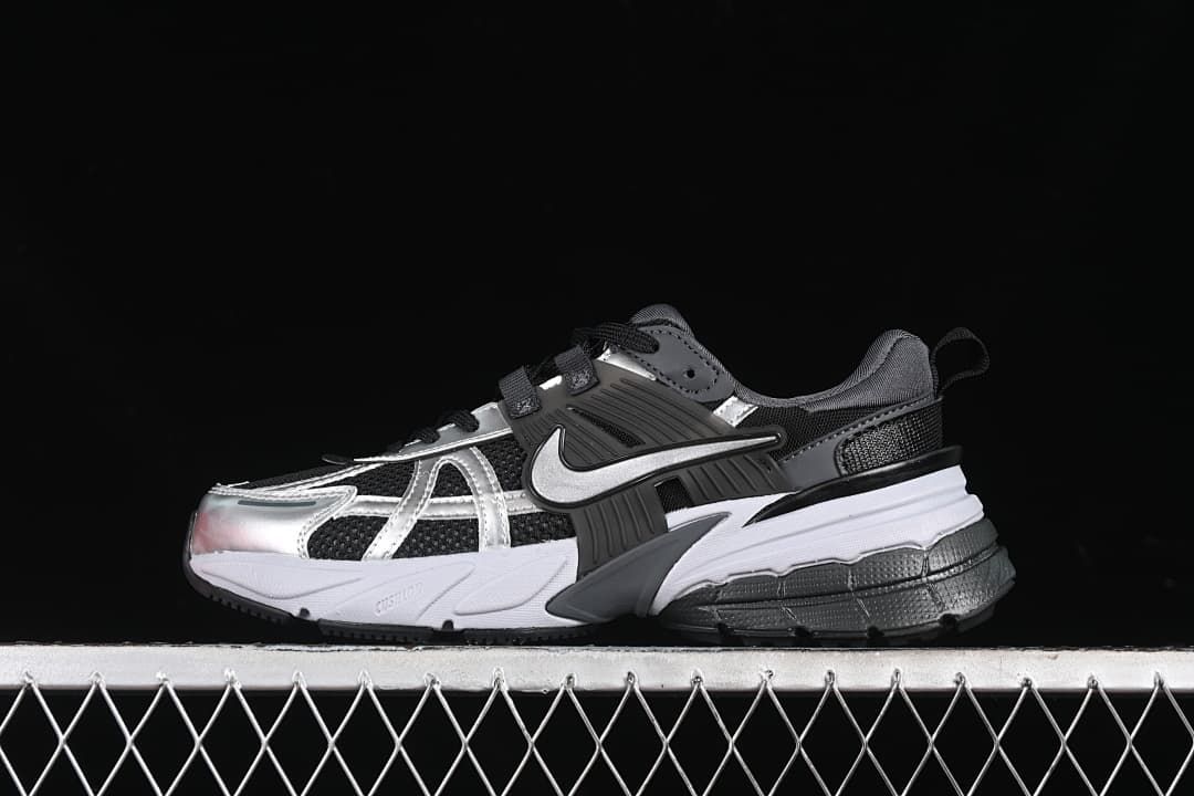 Nike V2K Run 3XL sneaker in black, silver, gray, and white, side view