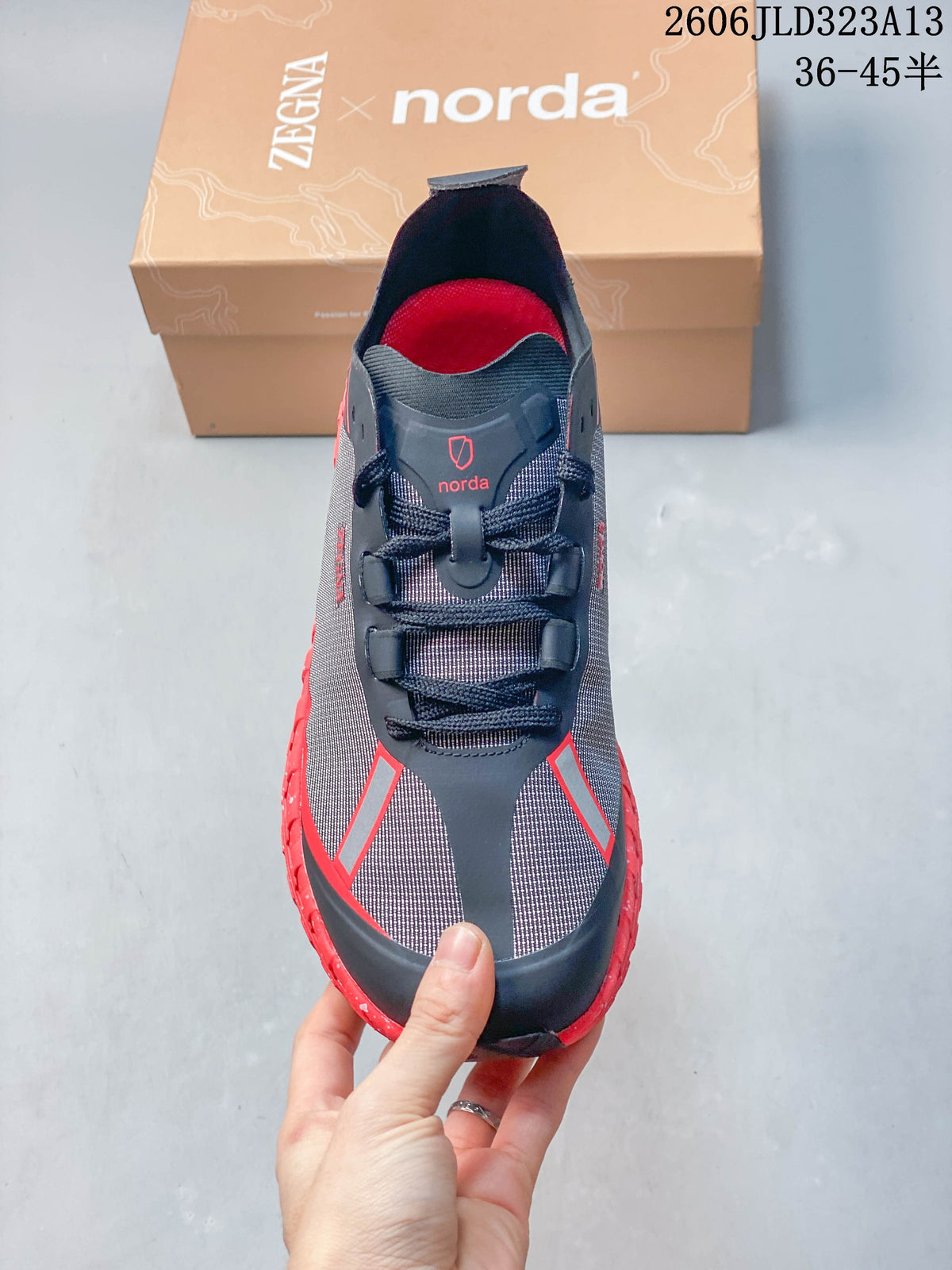 Top view of the lace-up shoe with red accents