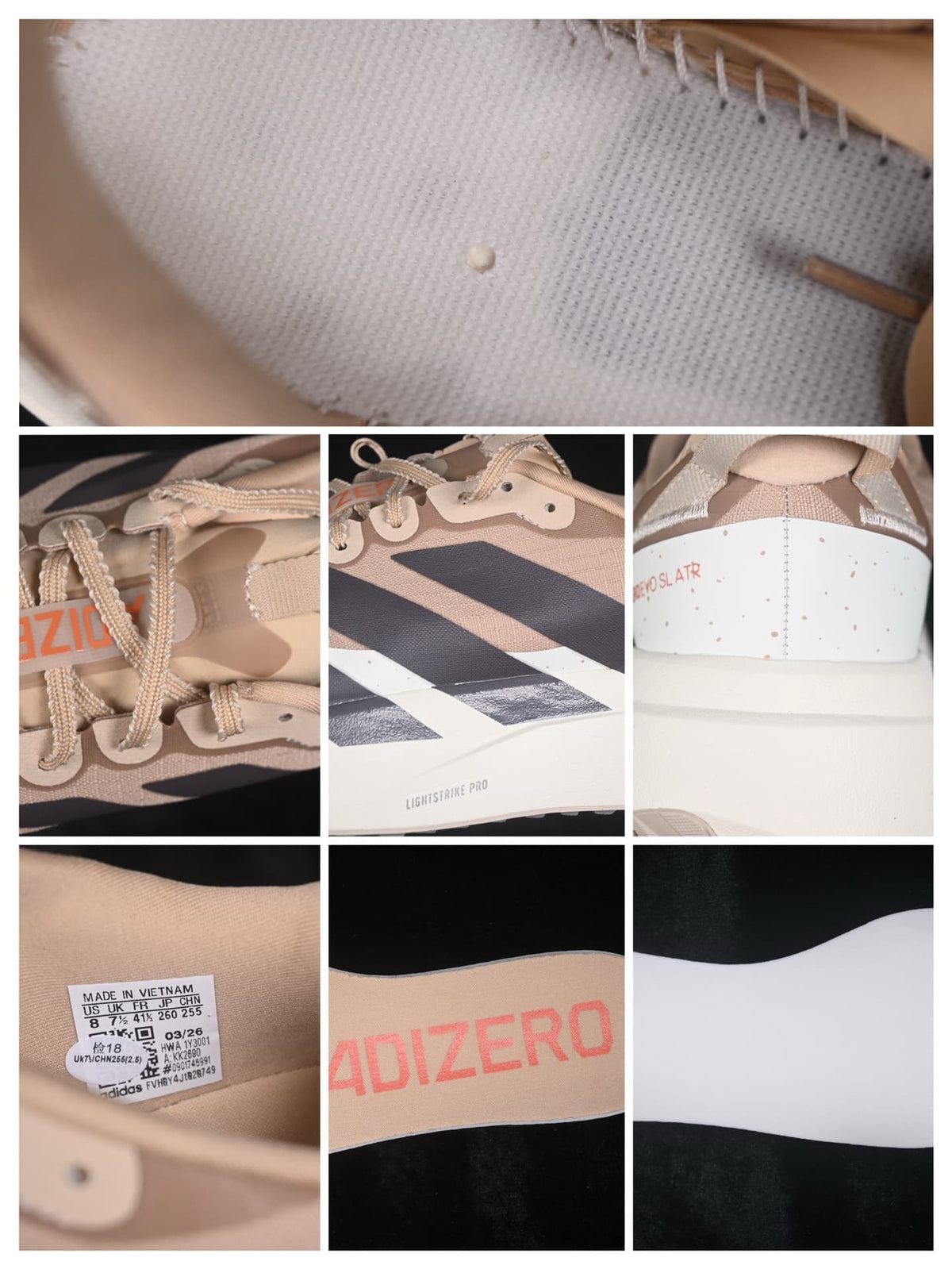 Detail collage showing the woven upper, laces, Adidas stripes, Lightstrike Pro marking, heel details and interior size label.