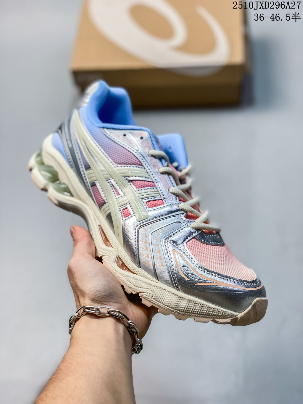 Pink and silver mesh running sneaker with pale blue accents.
