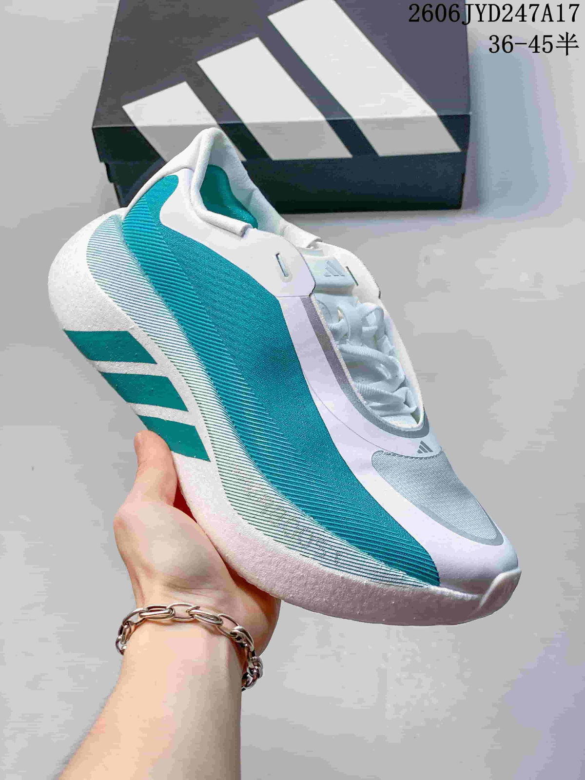 Angled side view of a white and teal Adidas HYPERBOOST EDGE M sneaker