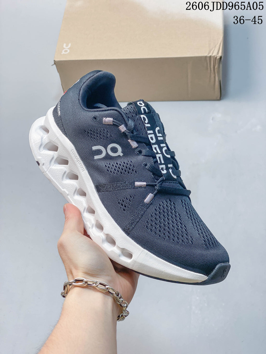 Close side view of the shoe’s upper and sculpted sole