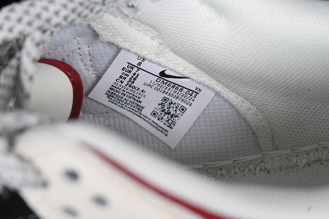 Close-up of shoe label showing style code DM6868-043 and a photographed EU size 41
