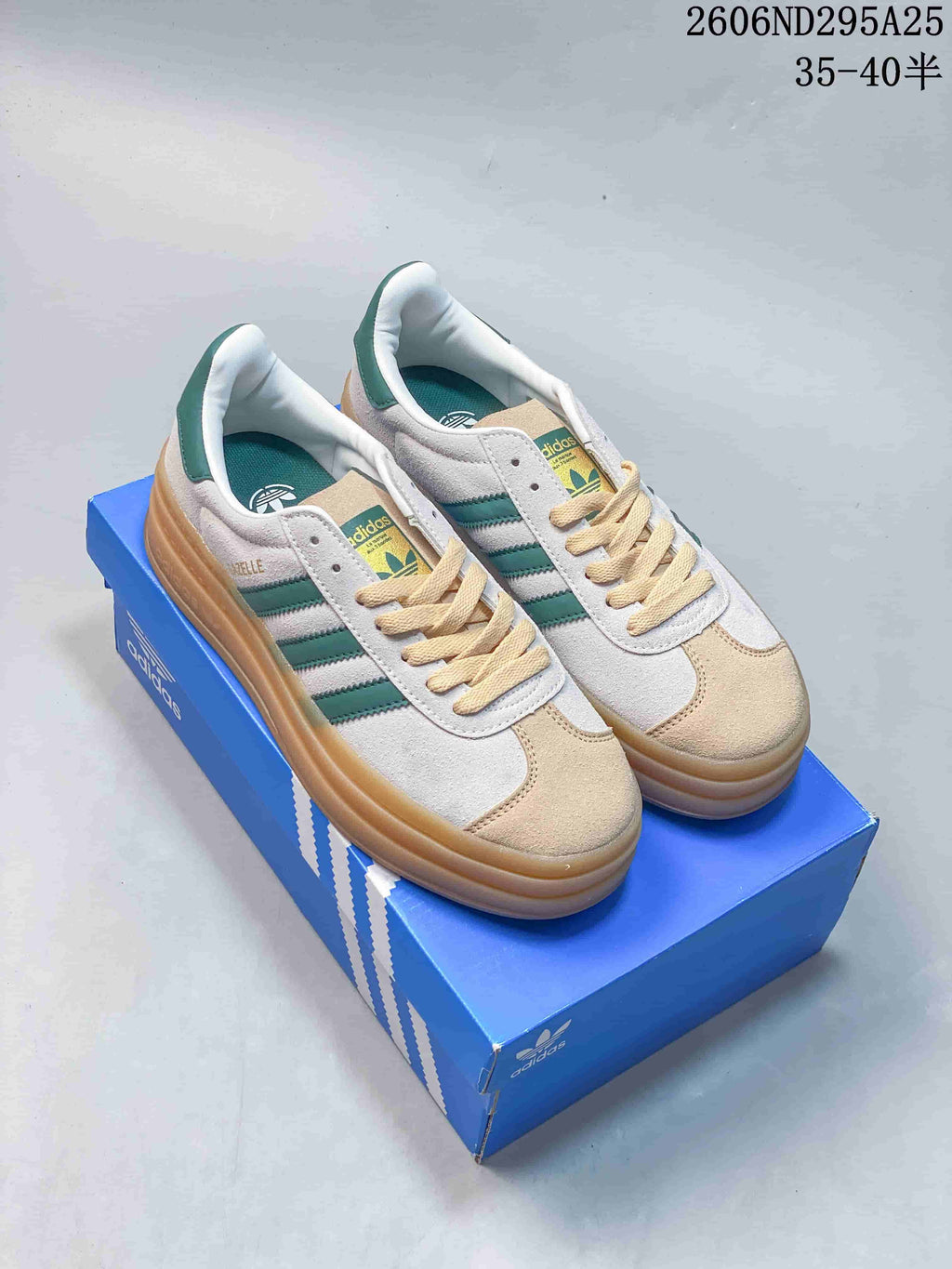 Adidas Gazelle Bold W sneakers in white, green, and beige with a gum-colored platform sole