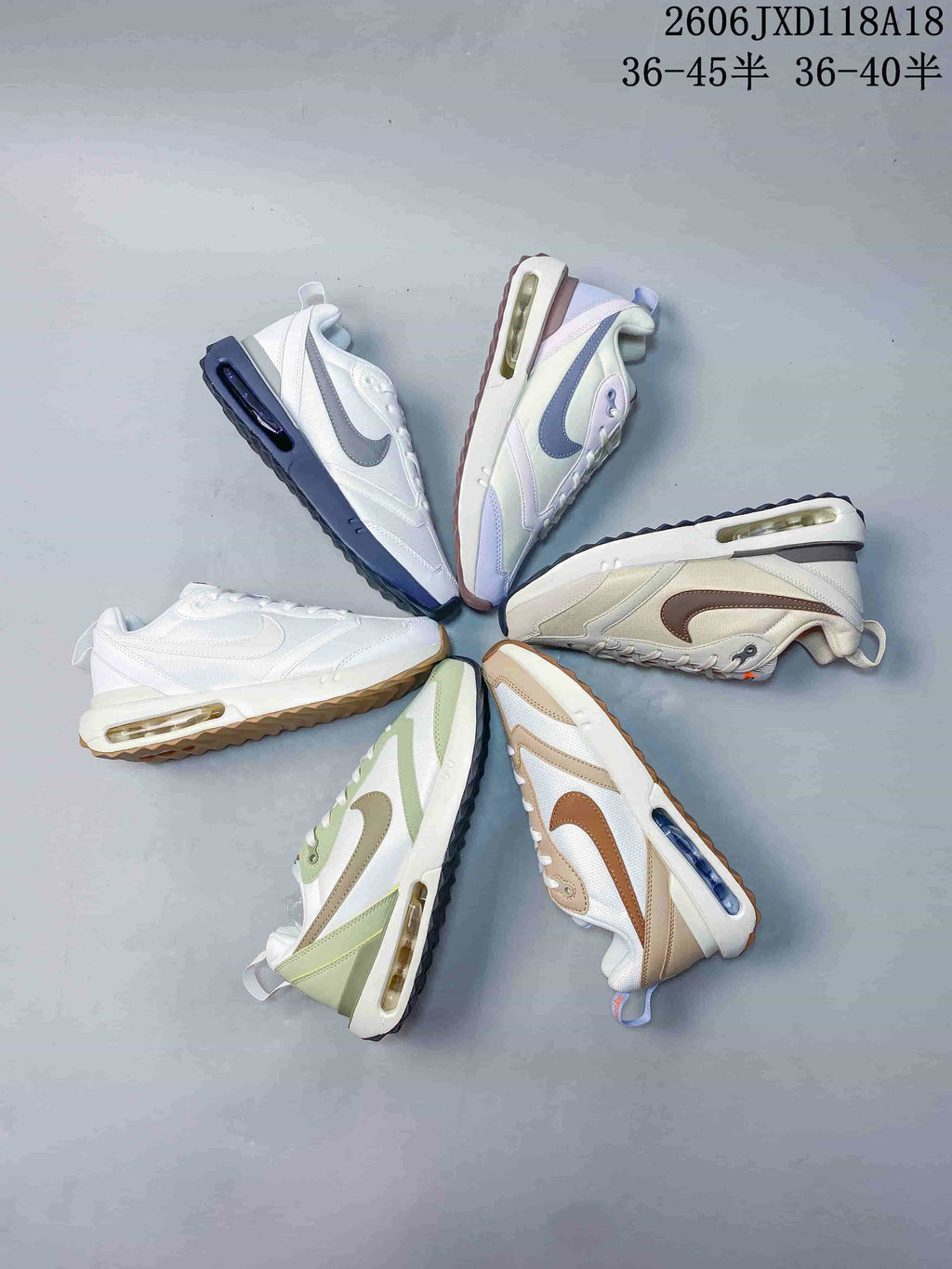 Several Nike Air Max Dawn color combinations arranged together