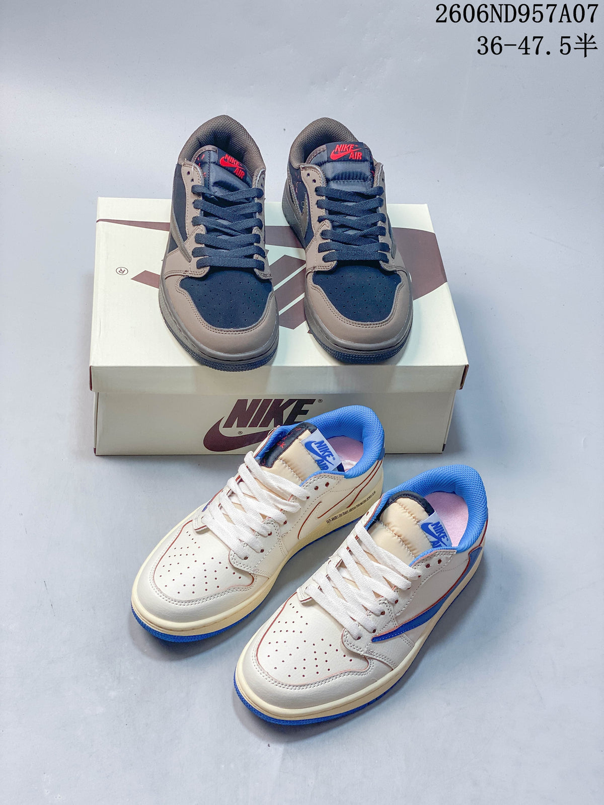 Dark navy and brown sneakers above cream and blue sneakers