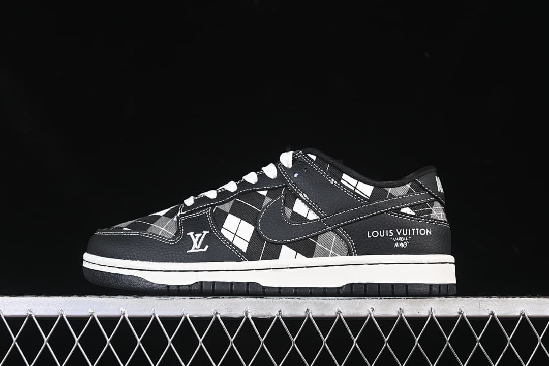 Side view of a black-and-white grid-pattern low-top sneaker with white stitching and logo-style details.