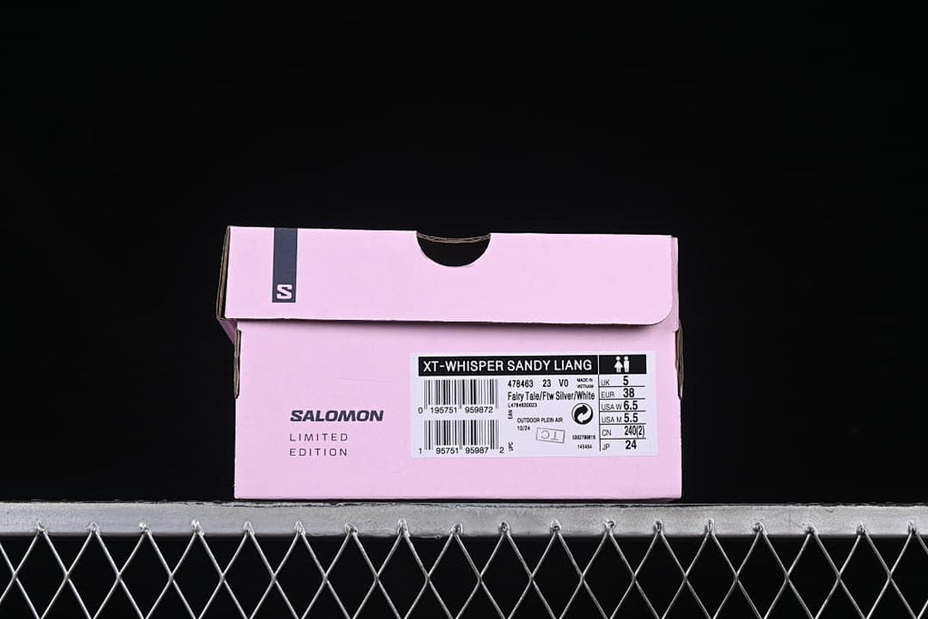 Pink shoe box label identifying the XT-Whisper Sandy Liang model and EU 38 sample