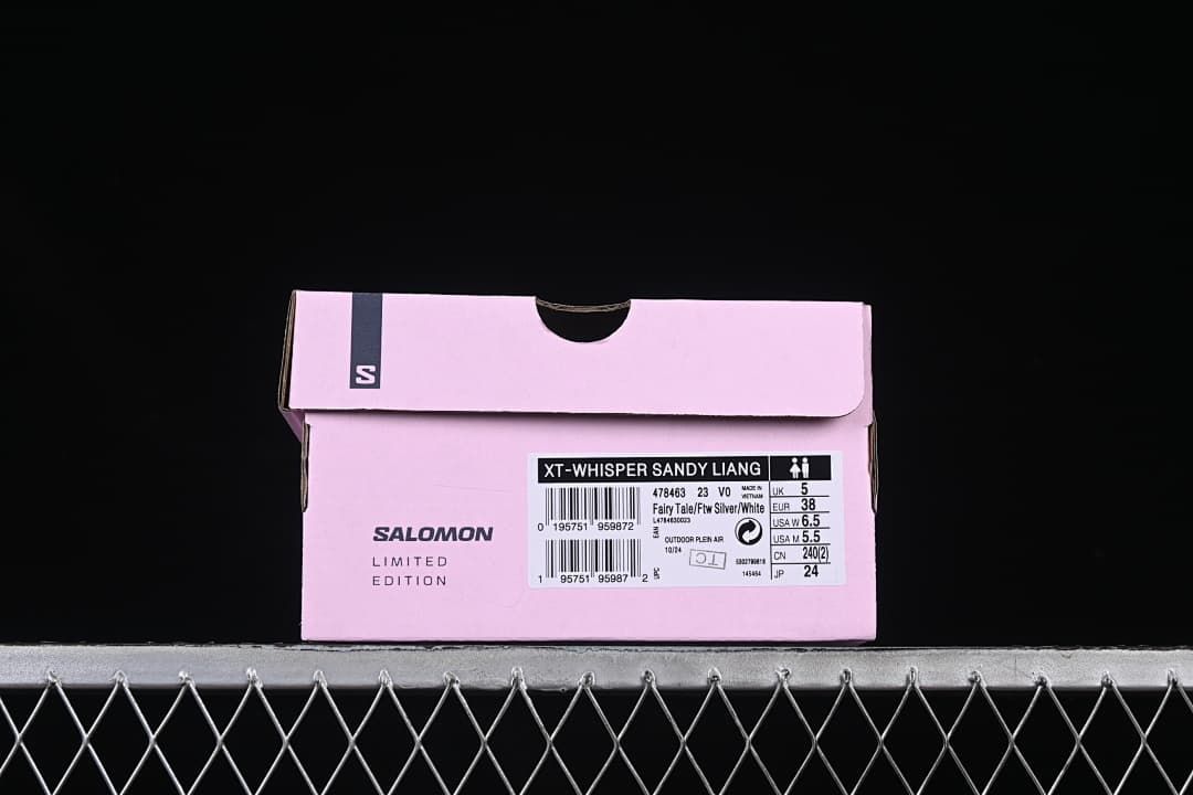 Pink shoe box label identifying the XT-Whisper Sandy Liang model and EU 38 sample