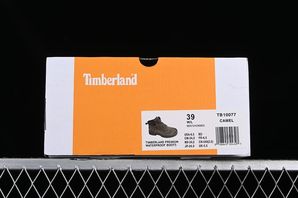 Boot box label showing Timberland, TB 10077, Camel, and size 39