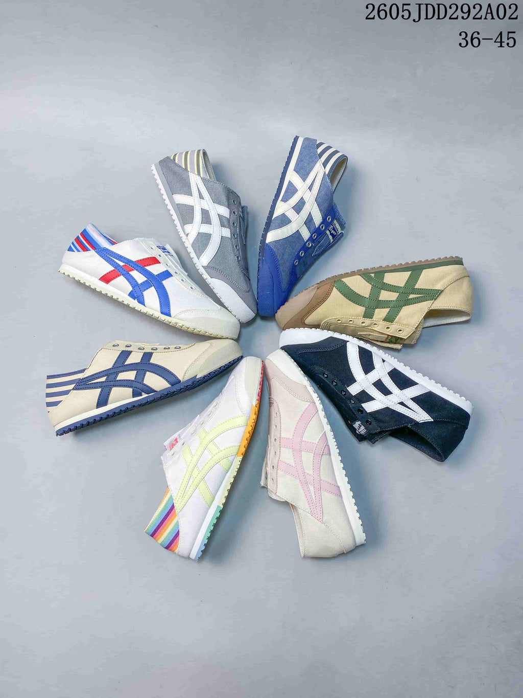 Several Onitsuka Tiger-style slip-on sneakers displayed in assorted colors