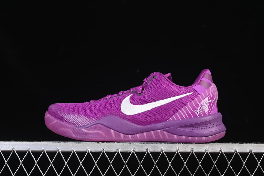 Side profile of a purple Nike Kobe 8 Protro basketball shoe with a white Swoosh