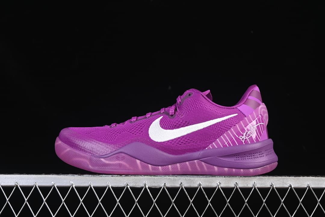 Side profile of a purple Nike Kobe 8 Protro basketball shoe with a white Swoosh