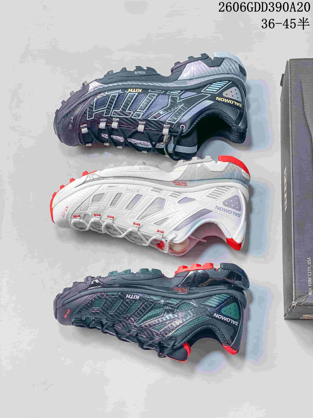 Three Salomon XT-4K colorways shown from above and the side