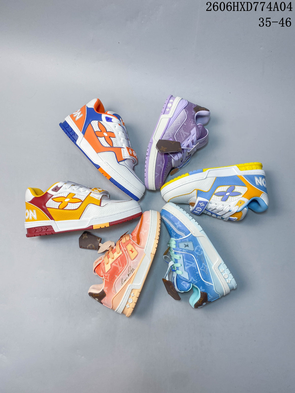 White, blue, and yellow low-top sneaker with a bold side motif
