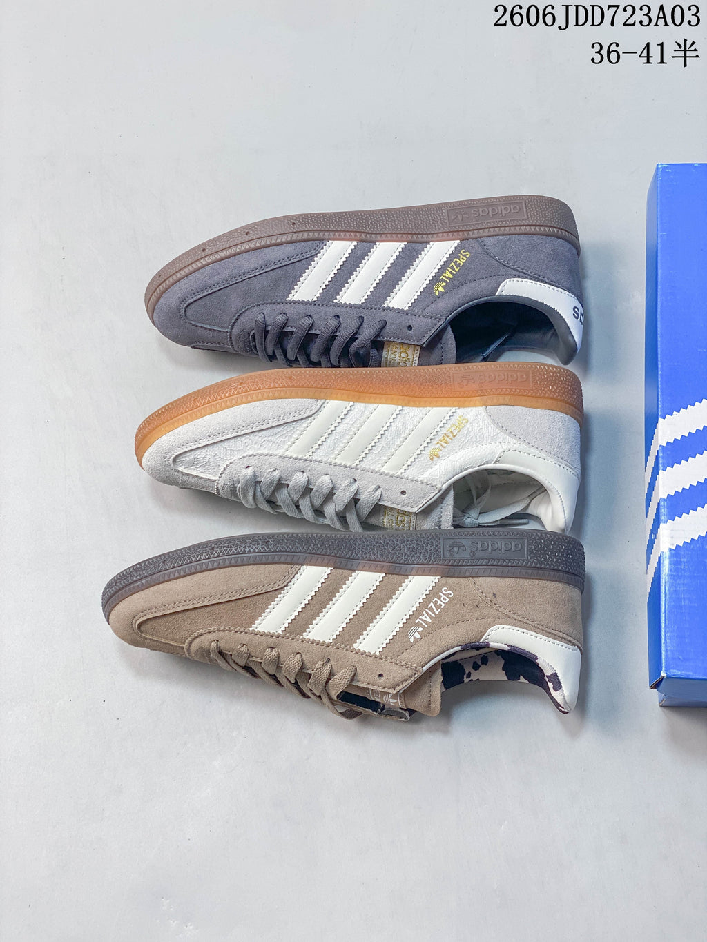 Three Adidas Handball Spezial colorways shown from the side: slate gray, light gray, and taupe.
