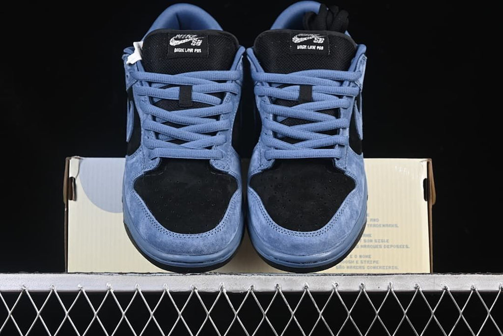 Front view of the pair showing the blue laces and contrasting black toe panels