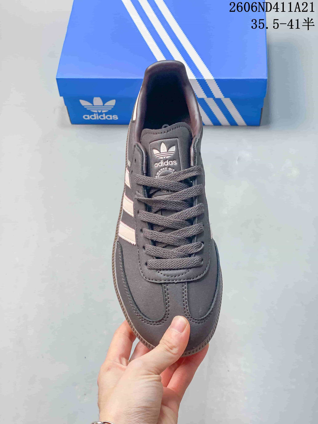 Top view of the sneaker showing its laces, tongue and rounded toe.