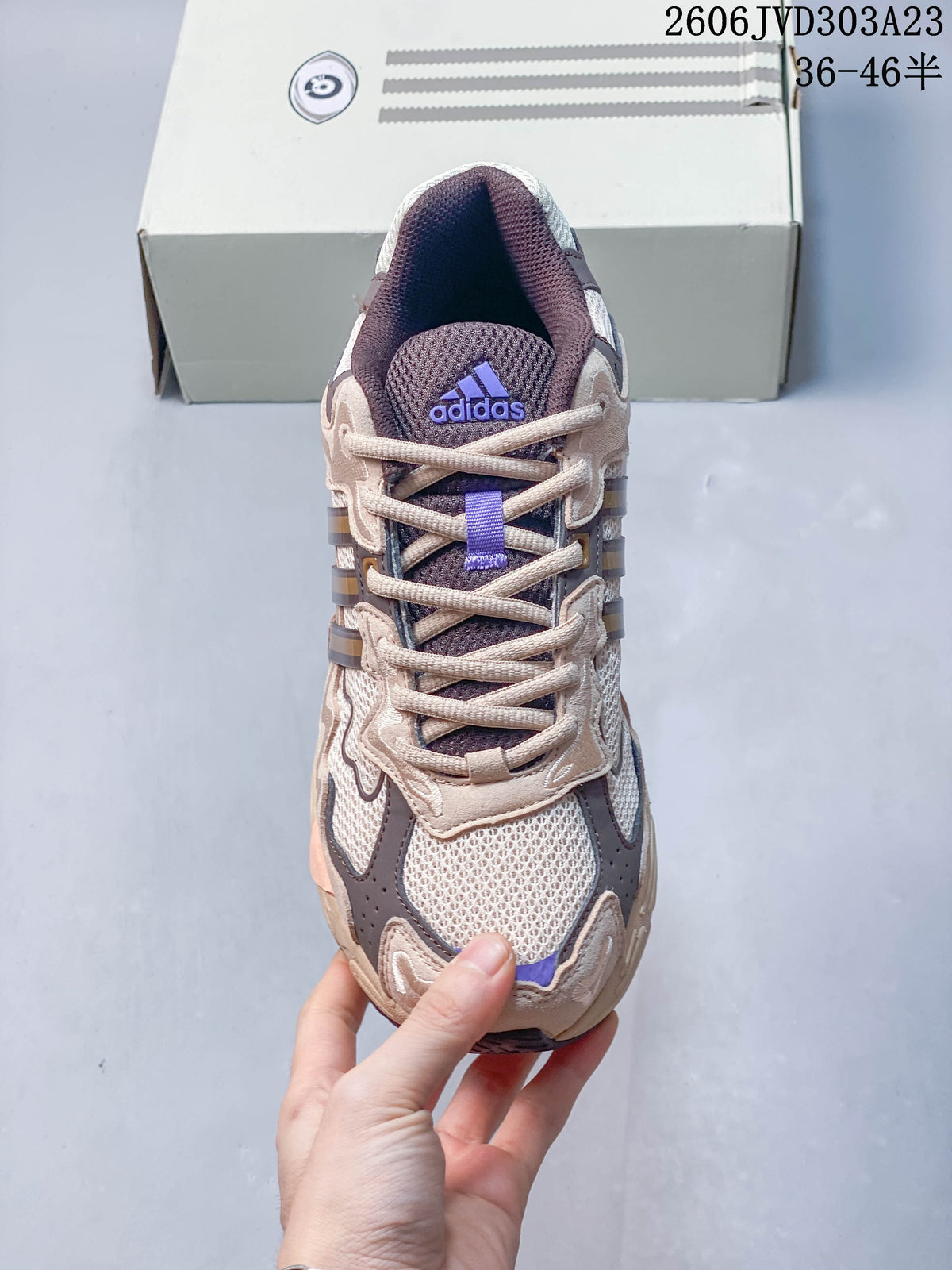 Top view of the mesh toe, lace-up front and tongue