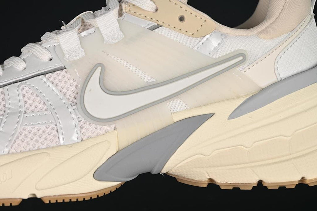 Close-up of the sneaker's side panels, Swoosh, and sculpted midsole