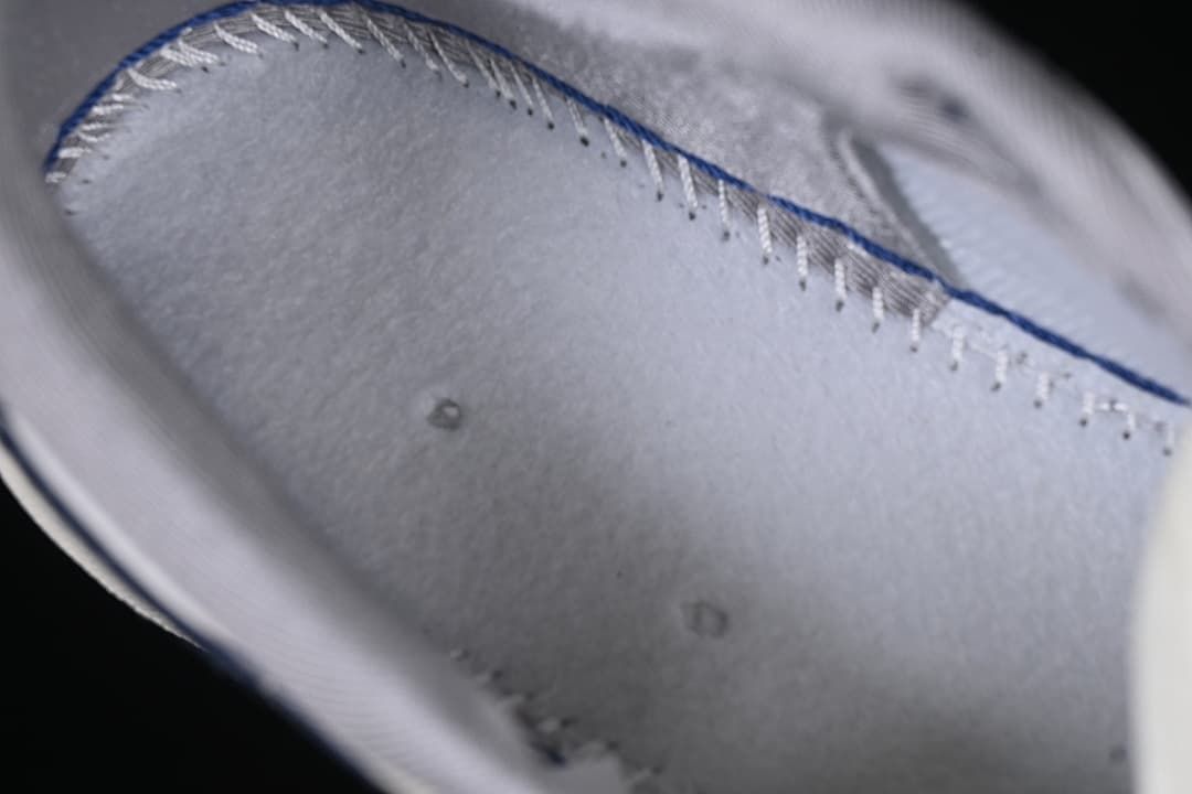Close-up of the sneaker's grey inner lining and stitching