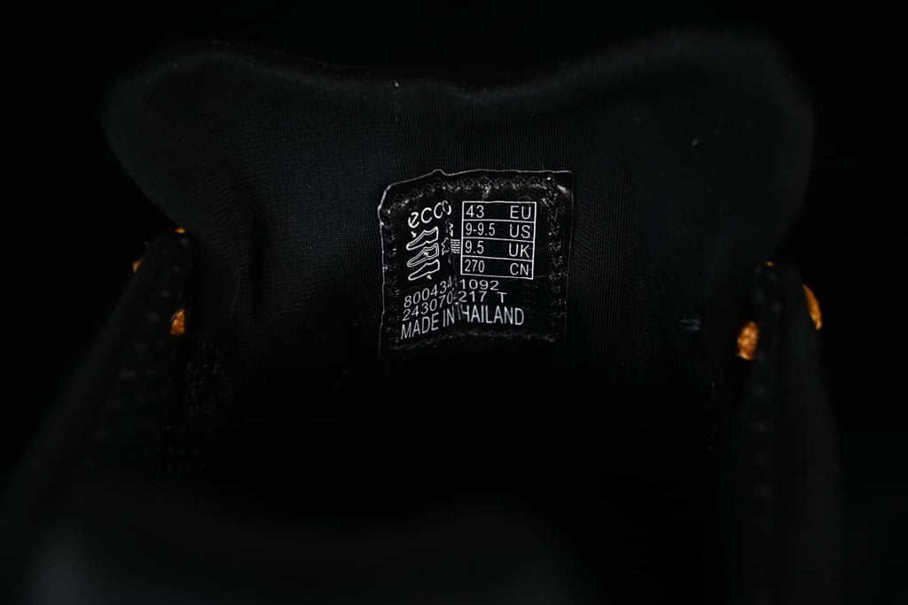 Tongue size label showing EU 43, US 9–9.5, UK 9.5, and CN 270