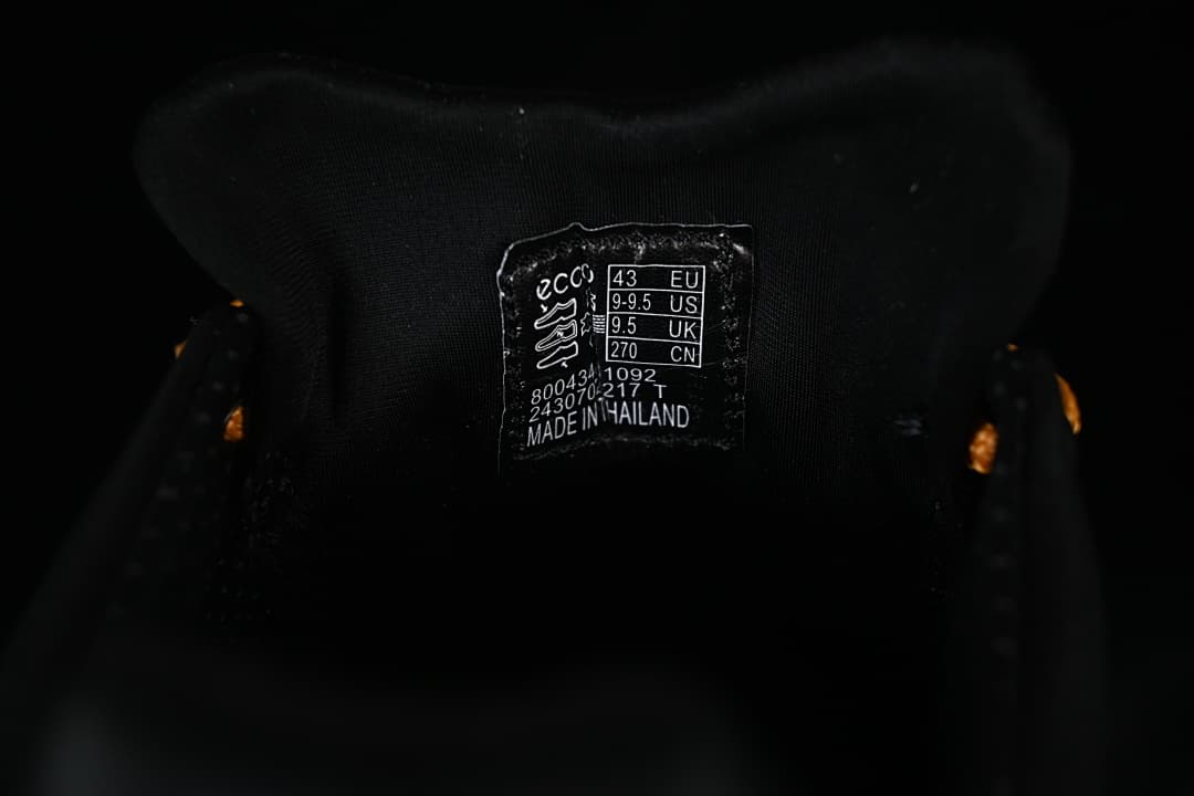 Tongue size label showing EU 43, US 9–9.5, UK 9.5, and CN 270