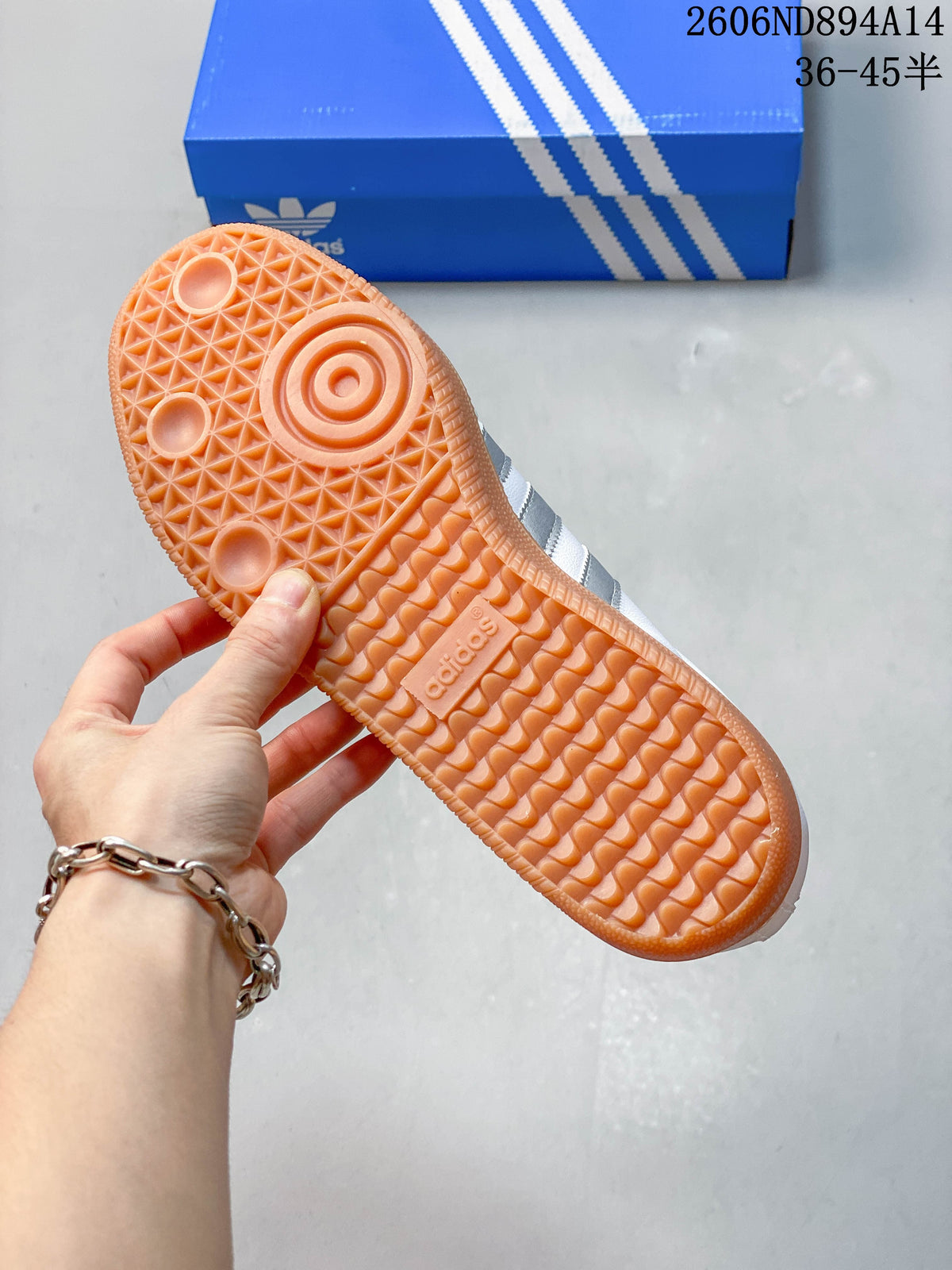 Close-up of the textured gum-colored outsole on an adidas Samba sneaker