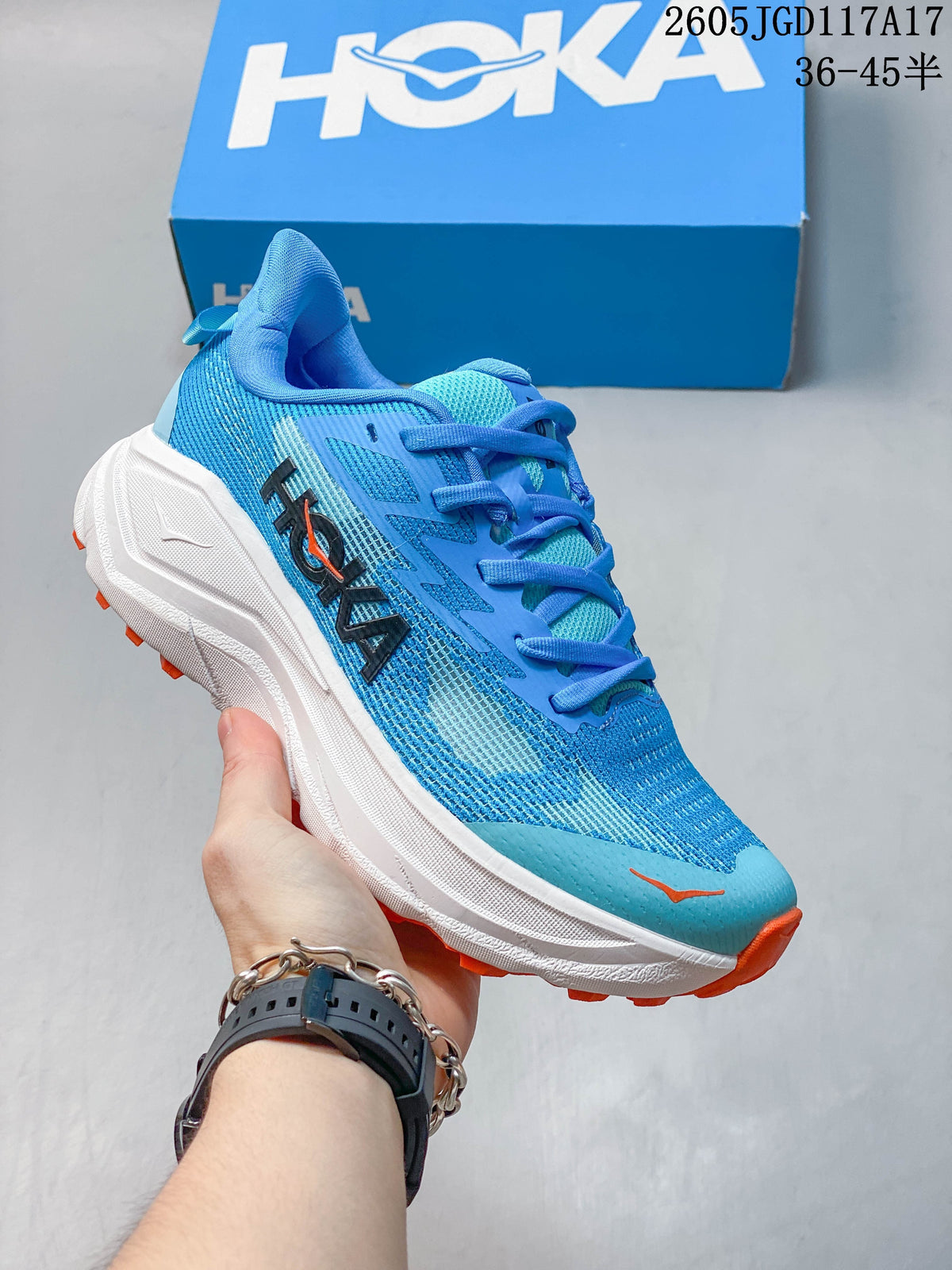 Blue Hoka Mafate Speed 2 shoe with a white midsole and orange outsole accents.