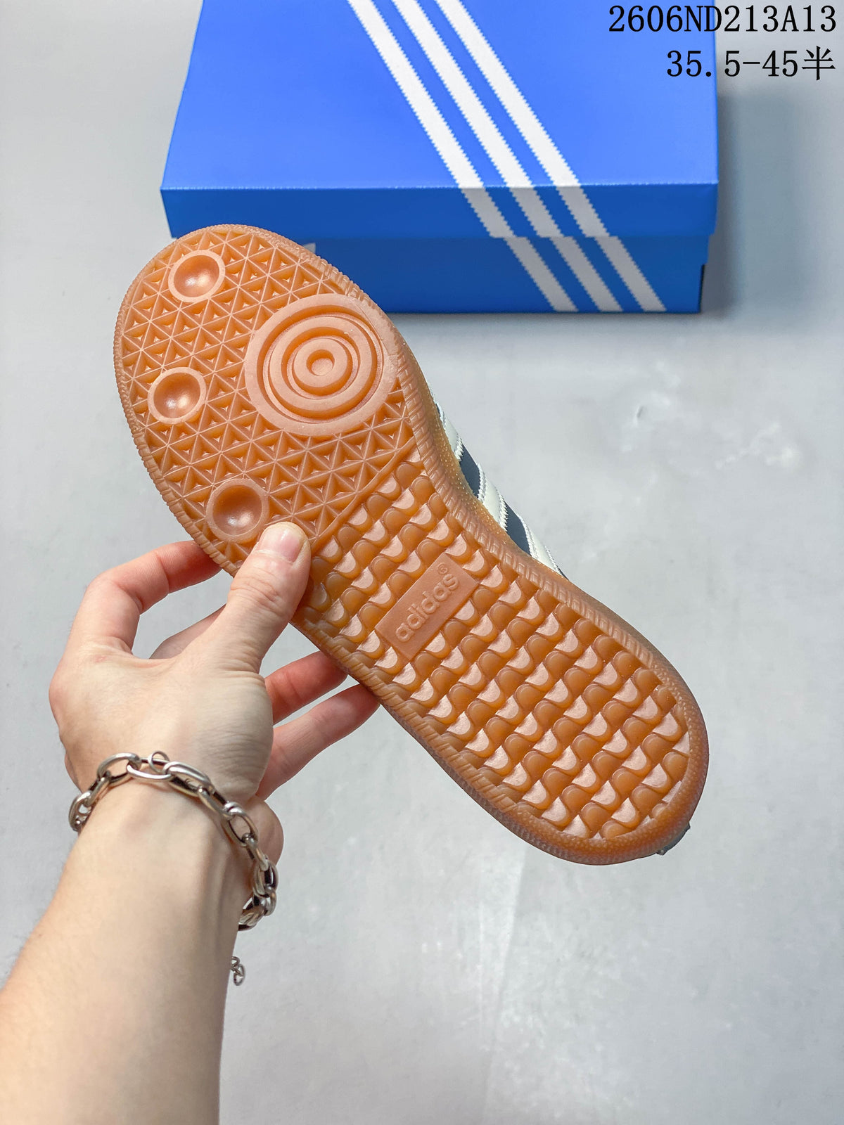 Close-up of the gum-colored outsole on the adidas Samba OG sneaker