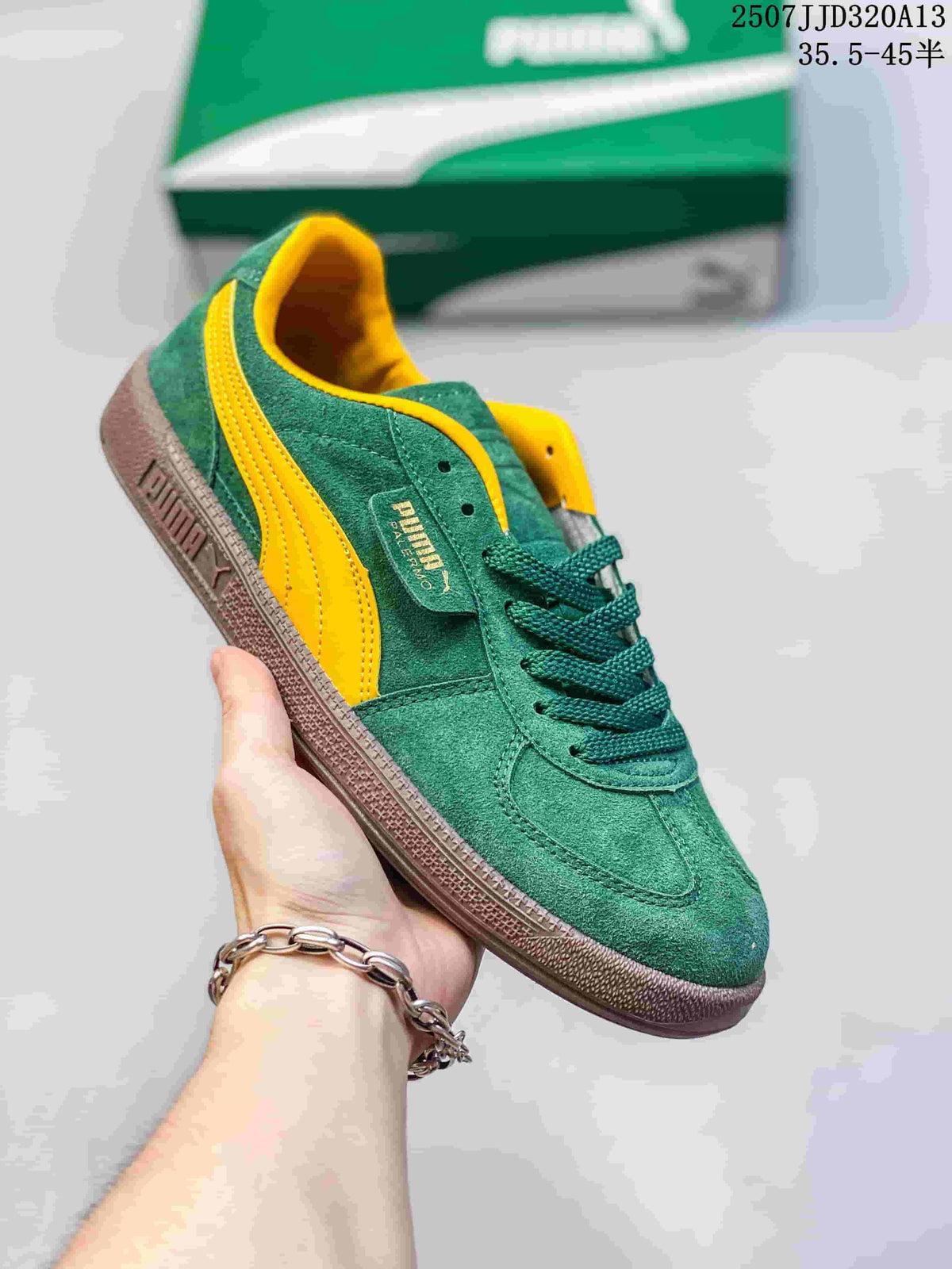 Angled side view of a green PUMA Palermo sneaker with yellow stripe and brown sole.