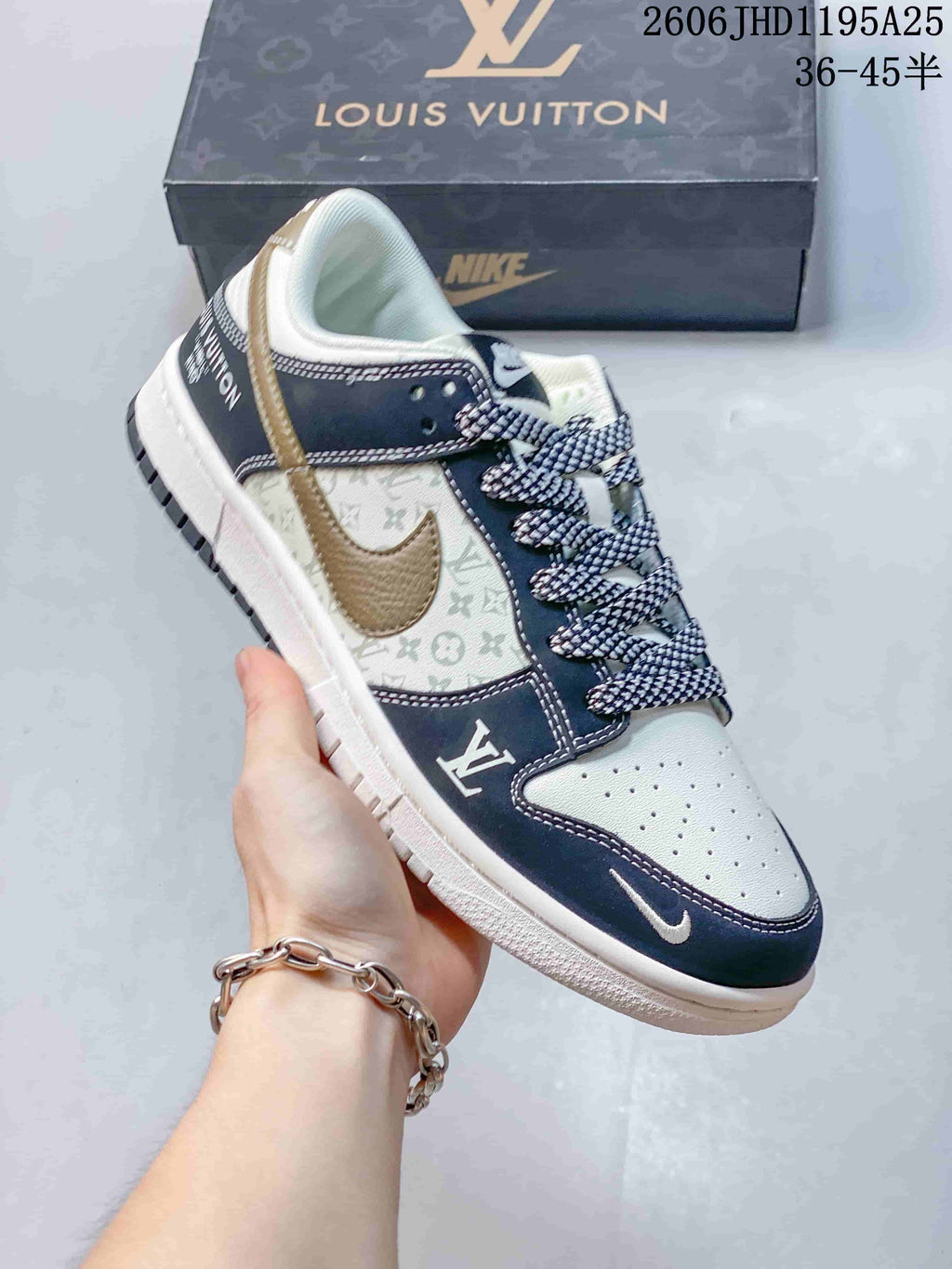 Close-up of a white and navy sneaker with patterned side panels and a contrasting Swoosh