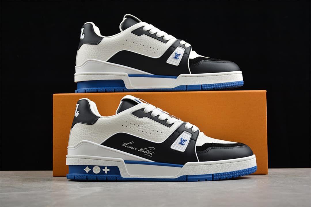 Two views of the LV Trainer sneaker displayed against an orange box