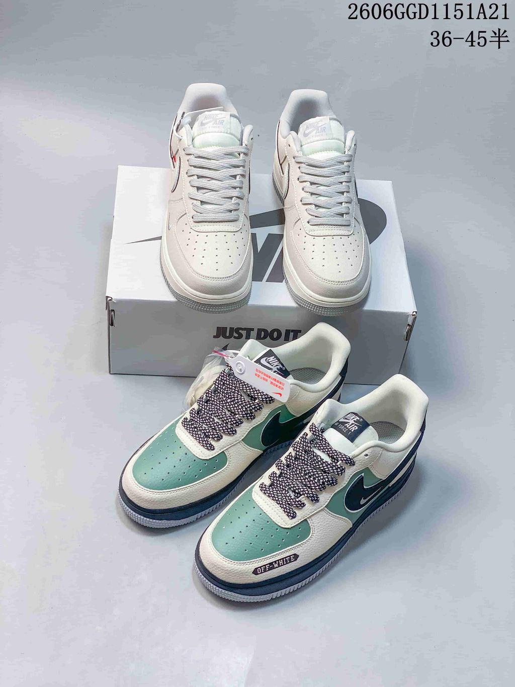 Two color variations of low-top sneakers shown together, including cream and pale blue and an all-cream-toned pair.