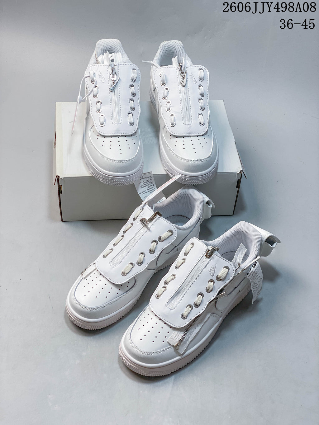 Several views of white Nike Air Force 1 ’07 Low sneakers with zip detailing and perforated toe boxes.