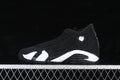 Side view of a black and white Air Jordan 14 Retro sneaker
