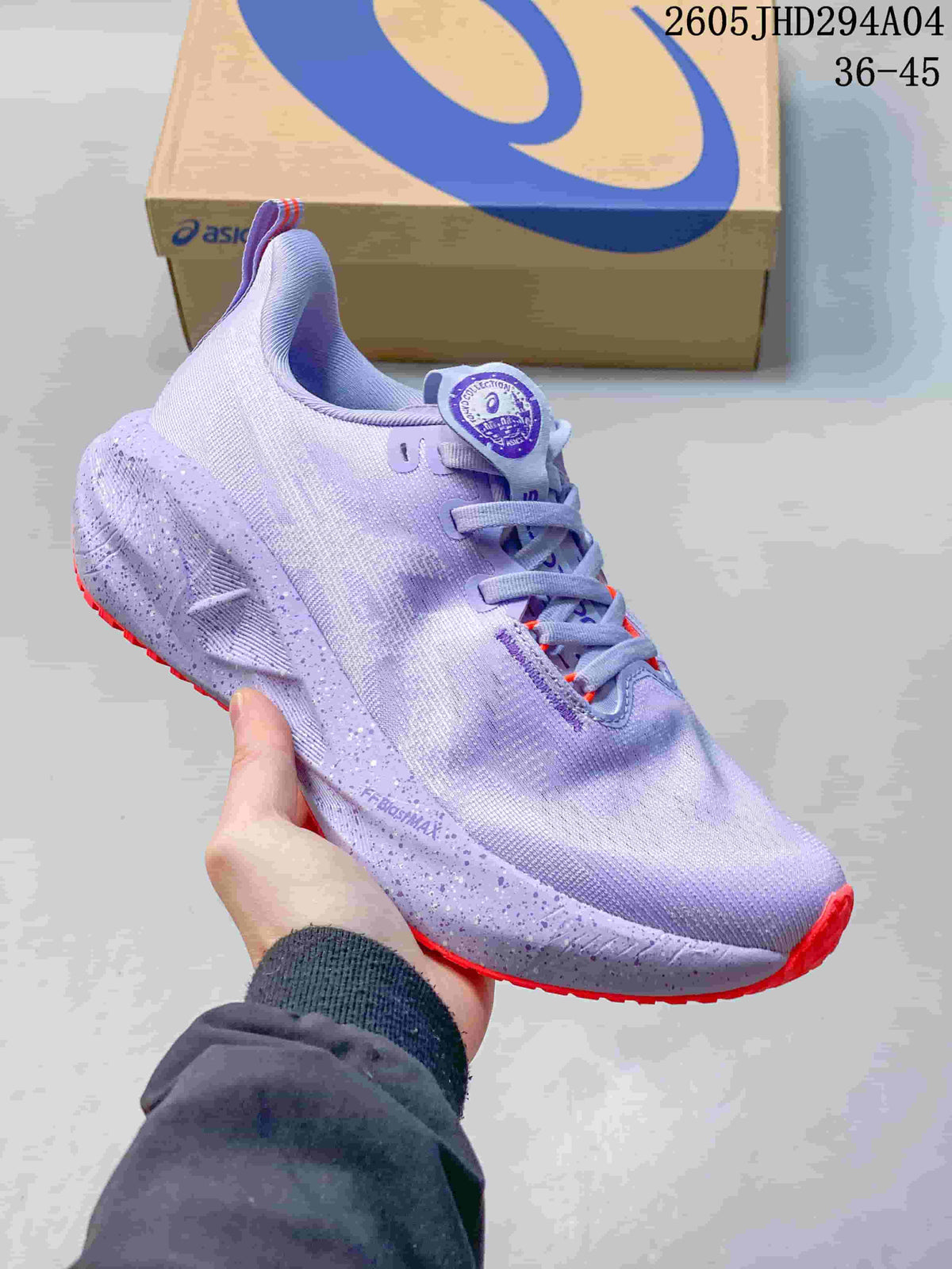 Light lavender ASICS NOVABLAST 5 LE running shoe with bright outsole accents