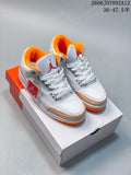 Pair of white and orange Air Jordan 3 Retro sneakers displayed on a shoebox.