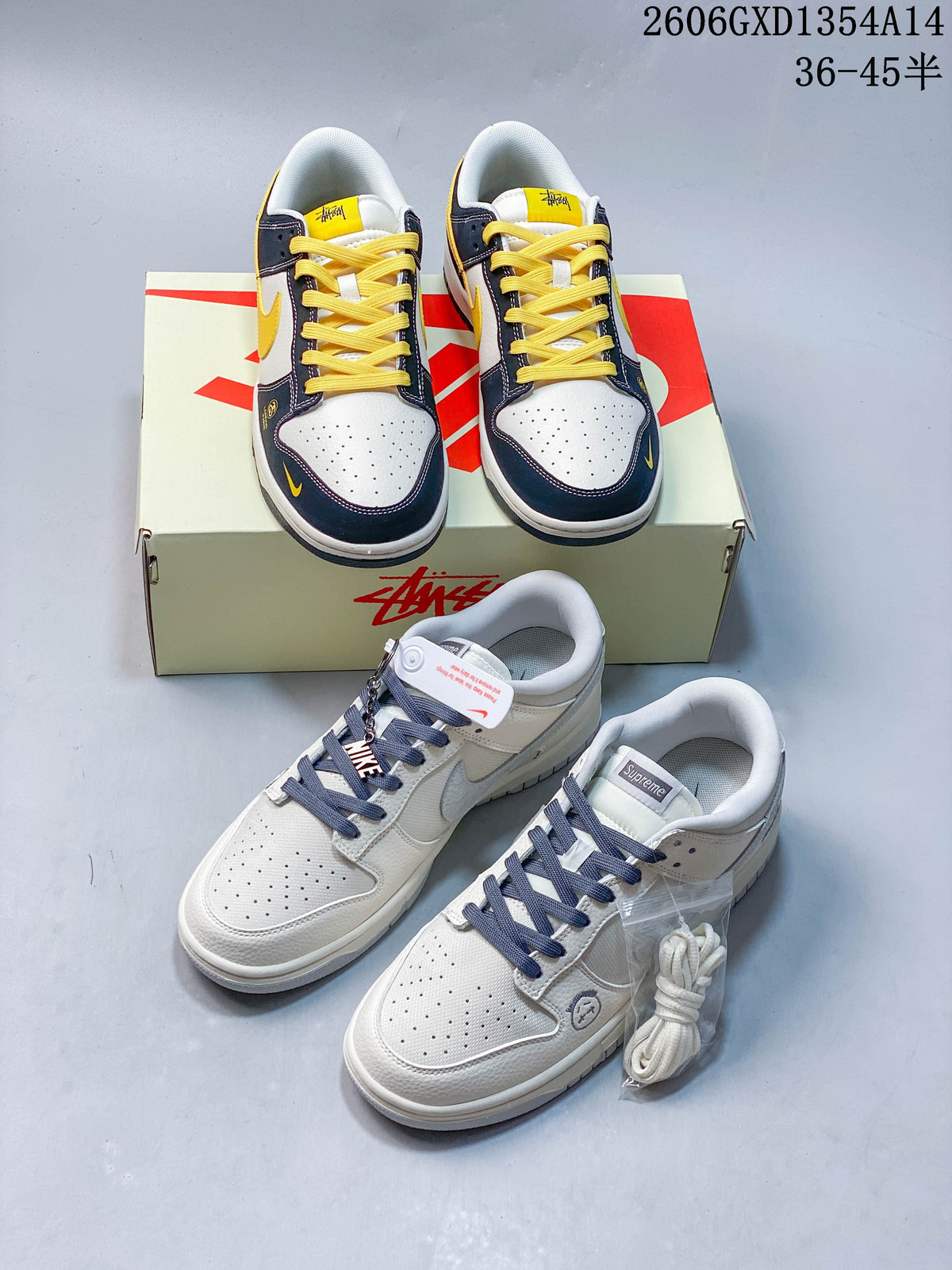 Two Nike Dunk Low colorways displayed together, with extra laces beside the off-white pair