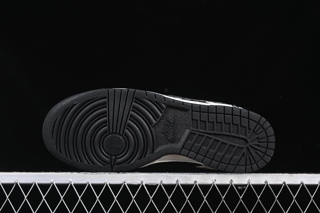 Underside view of the black rubber outsole tread