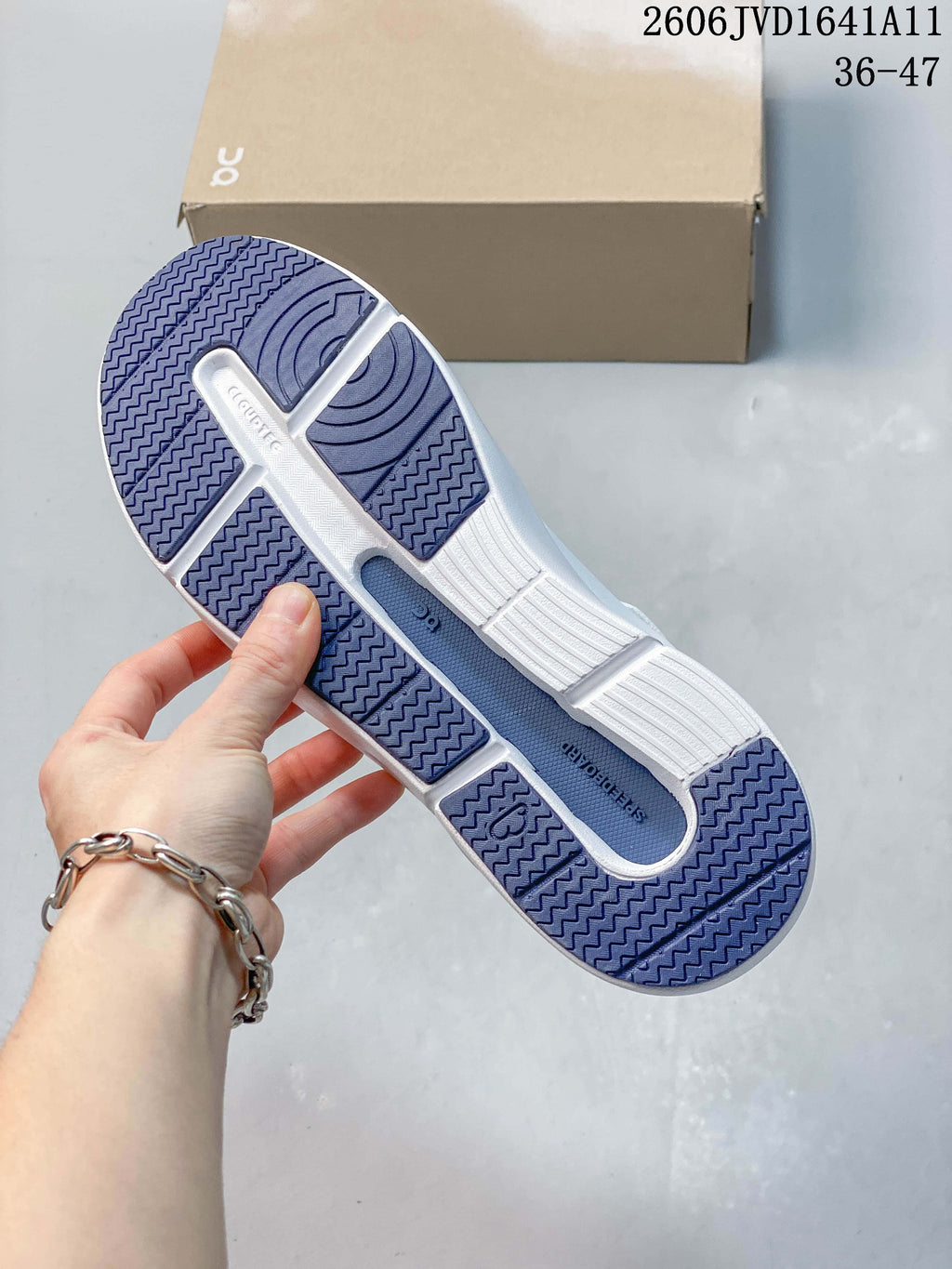 Close-up of the blue-and-white outsole on a white and blue sneaker.