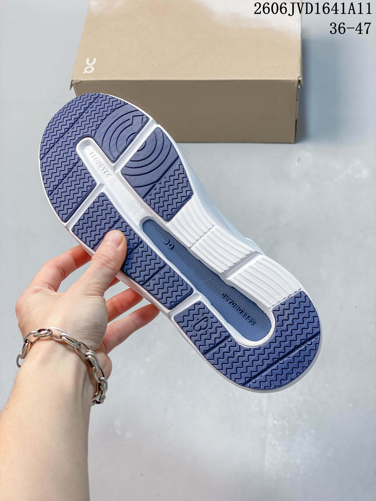 Close-up of the blue-and-white outsole on a white and blue sneaker.
